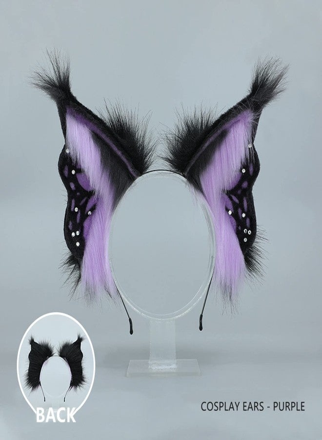 Fxaelian Cosplay Animal Purple Butterfly Fairy Fox Wolf Cat Dog Ears Headband Hairband Halloween Costume Party Headpiece Headwear Hair Accessories Fluffy Faux Fur - Image 3